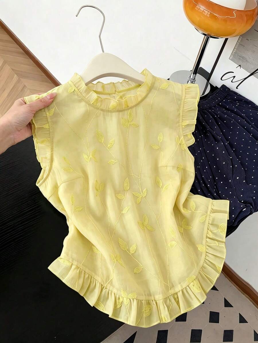 GlowEve CURVE Plus Size Mesh Embroidery Flutter Sleeve Blouse, Ruffle Hem Youthful Top - Yellow - View 1
