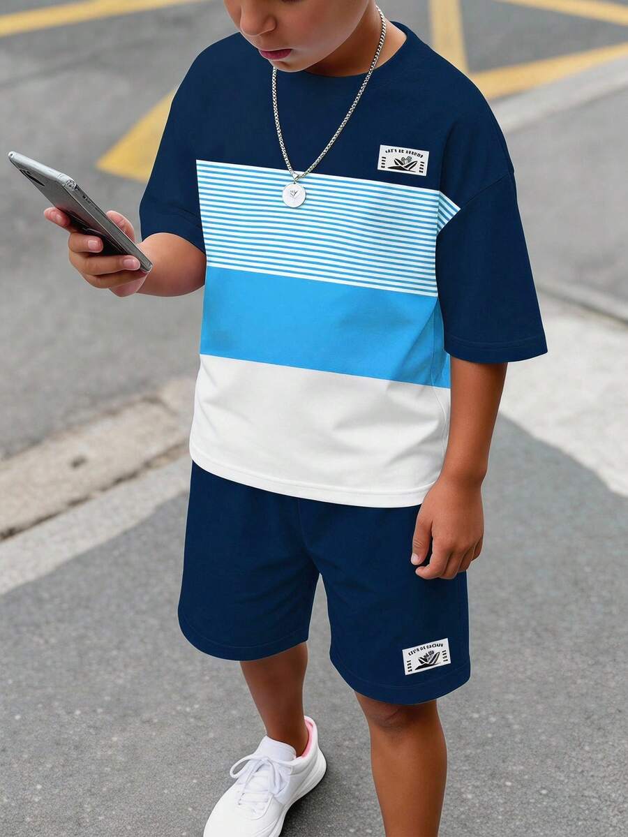 青少年男孩休閒舒適時尚極簡圓領短袖T恤與短褲套裝 - 彩色 - 查看 1