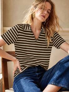 Écloséra New Style Collared Striped Short Sleeve T-Shirt Suitable For Summer, Striped Textured Jacquard T-Shirt, Outing Top - Coffee Brown - View 6