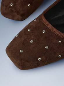 CUCCOO GRLICON Brown Suede Rivet Square Toe Mary Jane Shoes, Metal Buckle Word With Ballet Flat Shoes - Brown - View 4