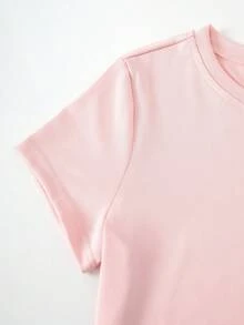 SHEIN 青少年女孩休閒簡約百搭短袖及膝長洋裝 - 粉色 - 查看 4