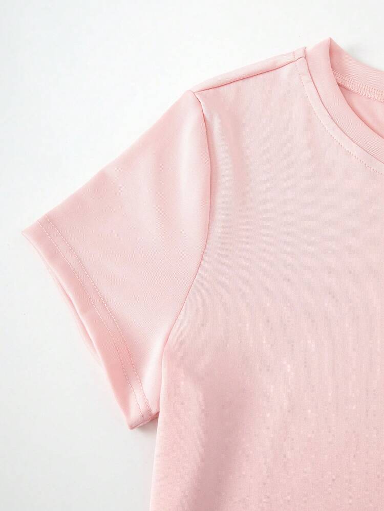 SHEIN ChillGRL 青少年女孩休閒簡約百搭短袖及膝長洋裝 - 粉色 - 查看 3