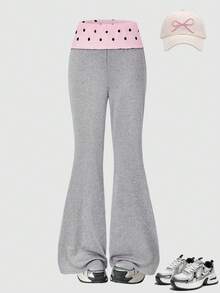 SHEIN Tween女孩時尚粉黑波點拼接極簡修身喇叭褲，百搭休閒春夏季穿搭，適合外出、通勤、日常穿著、購物與聚會 - 灰色 - 查看 4
