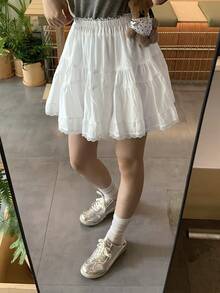 DAZY Women's Solid Color Contrast Lace Ruffle Hem Skirt - White - View 8