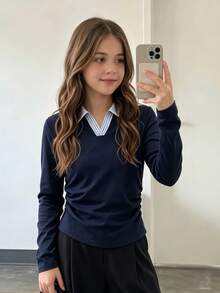 青少年女孩拼色領口長袖休閒馬術印花T恤 - 藏蓝色 - 查看 9