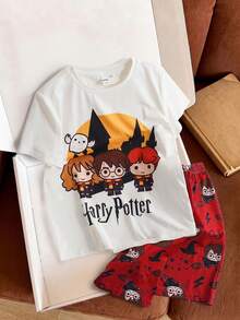HARRY POTTER X SHEIN Pakaian Santai untuk Remaja Laki-Laki: Atasan Lengan Pendek Leher Bulat dan Celana Pendek - Red and White - View 3