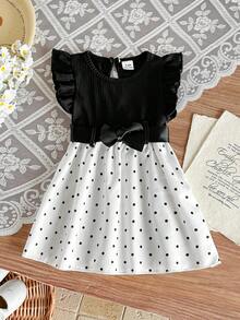 SHEIN Playful Pals Infant Girls Casual Daily All-Match Versatile Cute Butterfly Print Dress With Waist Belt Suitable For Outings - Black and White - View 5
