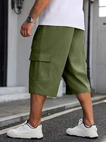 Manfinity Homme Plus Size Men's Drawstring Waist Solid Color Casual Versatile Daily Wear Cargo 3/4 Pants - Army Green - View 2