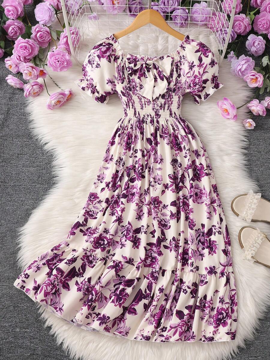 Tween Girls Vacation Back To School Purple Floral Print Square Neck Short Sleeve Shirred Dress