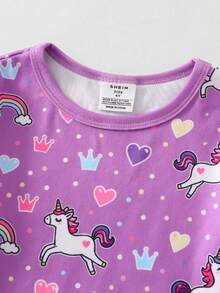 Conjunto de pijama de 2 piezas para niñas pequeñas, cómodo y suave, de tela de rayón de alta elasticidad, con estampado integral de arcoíris y unicornio, leggings de manga larga y cuello redondo - Púrpura malva - Ver 8
