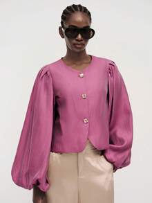 Aveloria Modichic Blusa de mujer holgada y corta con mangas abullonadas, hebilla dorada, cuello en V, plisada, elegante, madura, para fiesta, brunch, cena, té, oficina, top rosa, otoño - Morado - Ver 3
