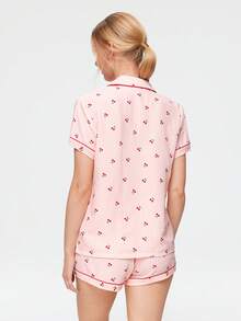 Bonmuse 3pcs Set Cherry Print Plaid Short Sleeve Shirt With Long & Shorts, Women Spring/Summer Pajamas & Loungewear Set, Suitable For Home Use - Pink - View 2