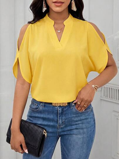 SHEIN Lady Solid Cold Shoulder Split Sleeve Blouse White Shirt,Summer Top