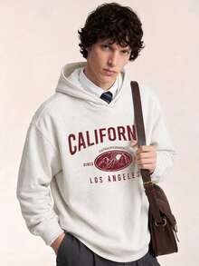 Limitiso Light Gray Floral Pattern Men's Loose Fit Drop Shoulder Hoodie, College Letter Design - Light Grey - View 5