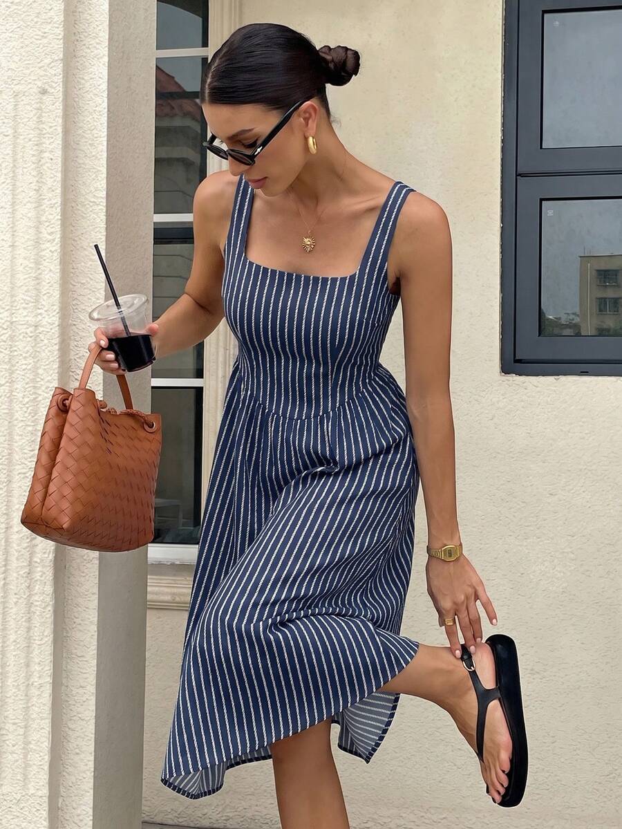 Siren Gaze 女款休閒優雅中長條紋洋裝，夏季穿搭，街頭風，適合日常通勤、約會、派對、秋冬、夏季、聖誕節、新年、感恩節、派對、婚禮、海灘、畢業典禮，優雅休閒外出穿搭 - 彩色 - 查看 1