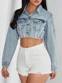 SHEIN EZwear 女款長袖破洞單排扣原邊短版牛仔夾克 - 淺色水洗藍 - 查看 3