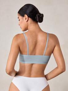 Veilyse 1 pièce Soutien-gorge sans fil amovible rembourré de couleur unie, soutien-gorge de sport sans couture délicat et respirant pour femmes - Bleu ciel - Voir 3