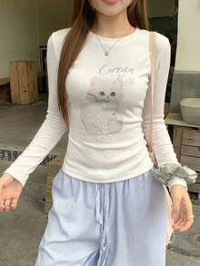 DAZY 春夏女款修身動物圖案印花T恤 - 白色 - 查看 3