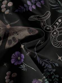 ROMWE Goth 深色嬉皮風月亮太陽星星蝴蝶蛾神秘森林印花性感開衩超短迷你裙女款 - 黑色 - 查看 4
