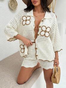 SHEIN Women Solid Color Front Button Floral Embroidery Detailed Collar Neck Shirt & Sweater Short Set - Apricot - View 7