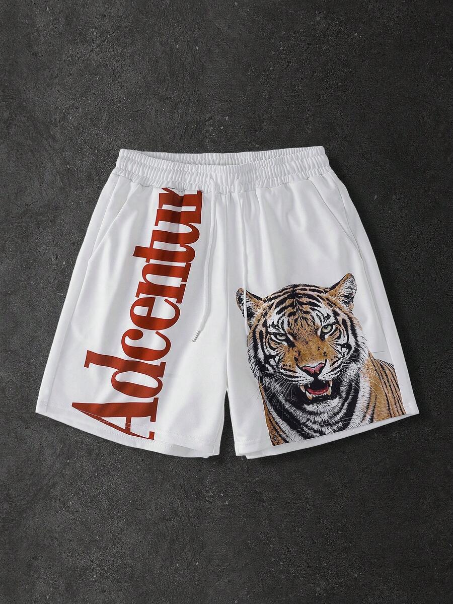 ROMWE MEN Pantalones cortos holgados con estampado de tigre para hombres - Blanco - Ver 1