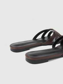 Sleekvia Ladies' Classic Simple Commute Dark Brown Strap With Gold Buckle, Comfortable Small Square Toe Flat Bottom Sandals, Suitable For Commuting, Vacation, Beach - dark brown - View 8