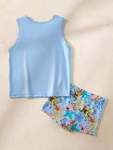SpongeBob SquarePants | SHEIN Young Boy Cartoon Print Casual Tank Top And Shorts Set - Blue - View 2