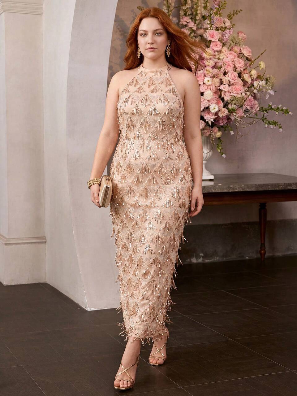 WOMEN'S PLUS SIZE OCCASION WEAR SEQUIN EMBROIDERED HALTER NECK DRESS