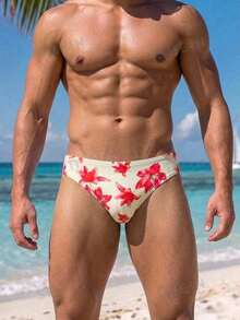 Manfinity Swimmode 男士花卉印花三角泳褲泳褲底褲，適合夏季度假海灘 - 彩色 - 查看 1