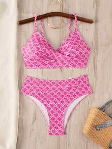 Swim Lushoire Conjunto de traje de baño de dos piezas con estampado completo de playa de vacaciones - Multicolor - Ver 3