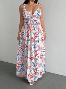 SHEIN SunnyBelle Elegantes Damen-Maxikleid in Große Größen für Strandurlaub mit Muschel- und Schnecken-Blumenprint, geraffter Taille, Spaghettiträgern und Bindeband - Blau-Weiß - Übersicht 4