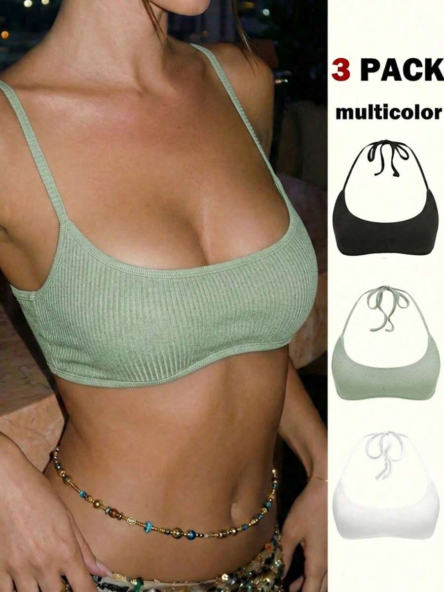 SHEIN Unity Women's Solid Color Minimalist Sexy Daily Wear Halter Neck Tie Back Tank Top Vacation Black Sage Green White Summer - Multicolor - View 1