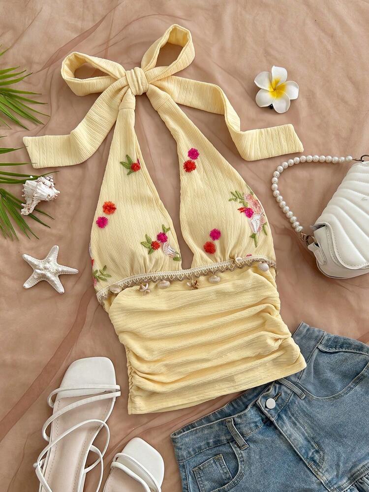 Soleia Top halter plisado con estampado floral y decoración de conchas y estrellas de mar para mujer - Multicolor - Añade 5