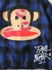 ROMWE MEN Paul Frank X ROMWE Men's Plaid Short Sleeve Single-Breasted Casual Loose Fit Shirt - Blue - View 4