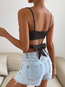 SHEIN Allurite Débardeur court femme de couleur unie avec dos croisé et nœud à nouer - Noir - Voir 2