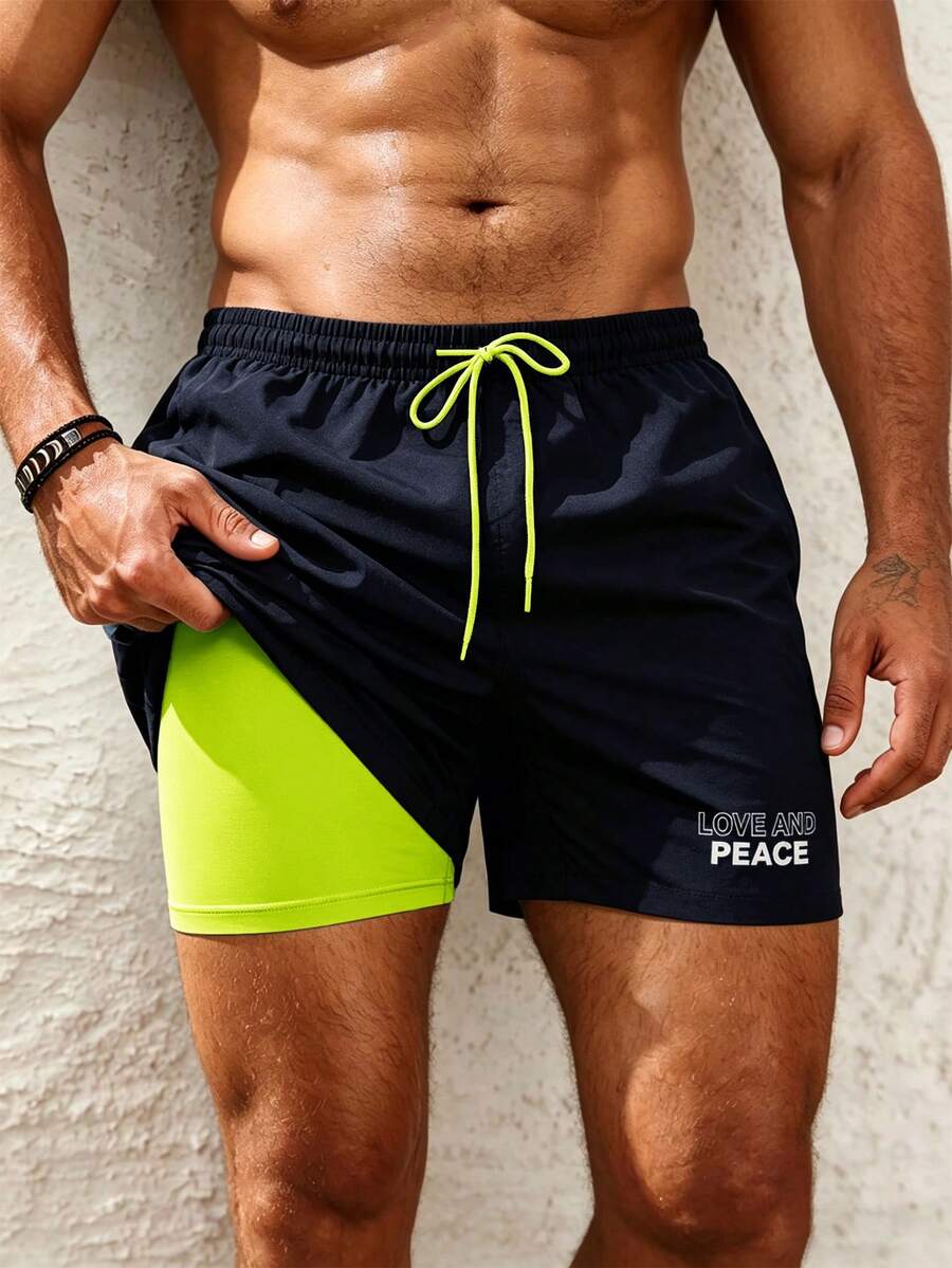 Manfinity KASUA Men Plus Size Holiday Beach Pool Letter Printed Elastic Waist Swim Shorts With Mesh Lining Milk Silk Lining - Navy Blue - View 1