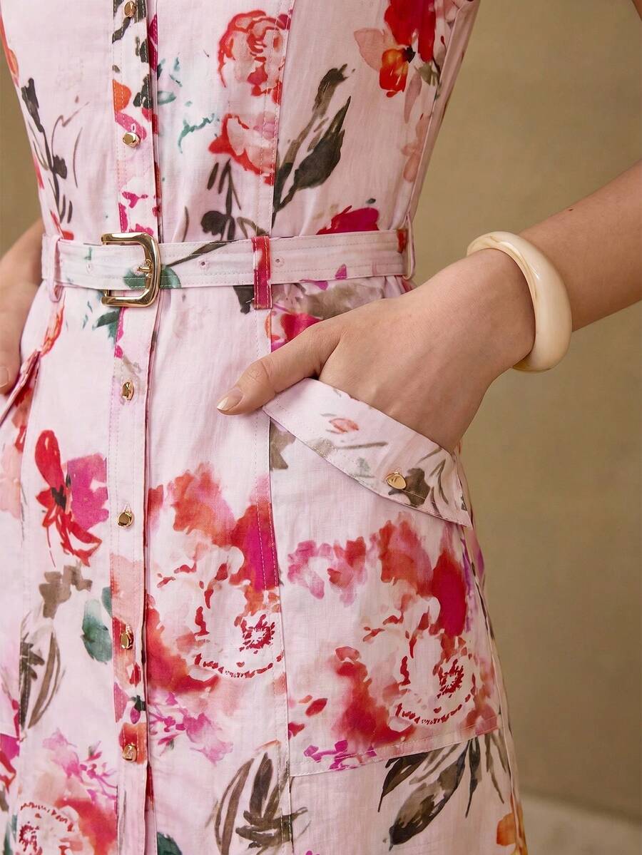 MOTF PREMIUM VESTIDO DE LINO ESTAMPADO PARA MUJER PRIMAVERA/VERANO - Rosa Pálido - Ver 1