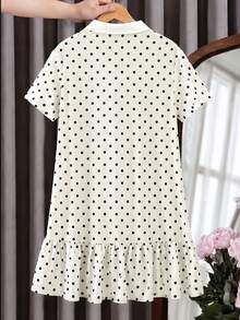 SHEIN 兒童青少年女孩 Polo 領波點印花刺繡短袖中長洋裝，返校季 - 黑與白 - 查看 3