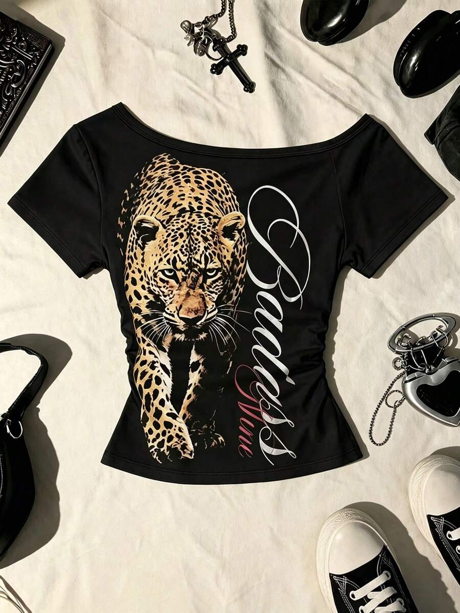 IslaSuriya Women's Leopard Print Off-Shoulder Short Sleeve Casual T-Shirt - Black - View 1