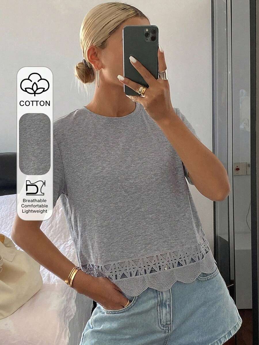 DAZY 女款純色修身圓領短袖蕾絲拼接休閒夏季上衣 T-shirt 校園風 - 灰色 - 查看 1