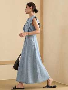 DAZY Spring Summer Women's Round Neck Button Half-Placket Pocket Casual Denim Dress - Blue - View 3
