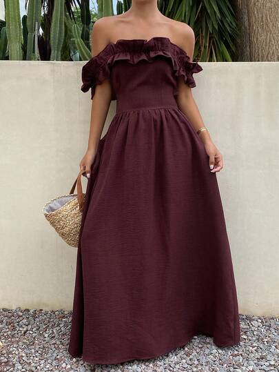 DAZY Women's Off-Shoulder Pleated Elegant Cinched Waist Long Dress