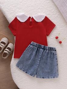 SHEIN Playful Pals 返校季女童休閒可愛圓領標準肩紅色T恤與草莓刺繡牛仔裙褲套裝，夏季 - 紅色 - 查看 3