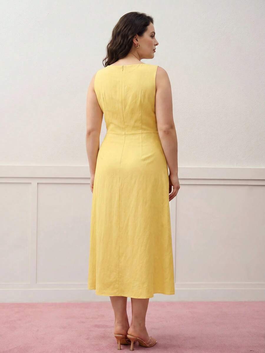 MOTF PREMIUM WOMEN'S PLUS SIZE EARLY AUTUMN LINEN BLEND DECONSTRUCTED DESIGN MIDI DRESS - Yellow - View 2