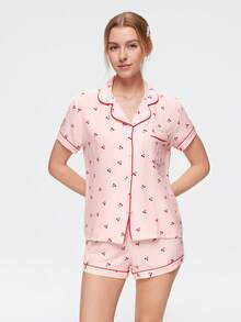 Bonmuse 3pcs Set Cherry Print Plaid Short Sleeve Shirt With Long & Shorts, Women Spring/Summer Pajamas & Loungewear Set, Suitable For Home Use - Pink - View 5