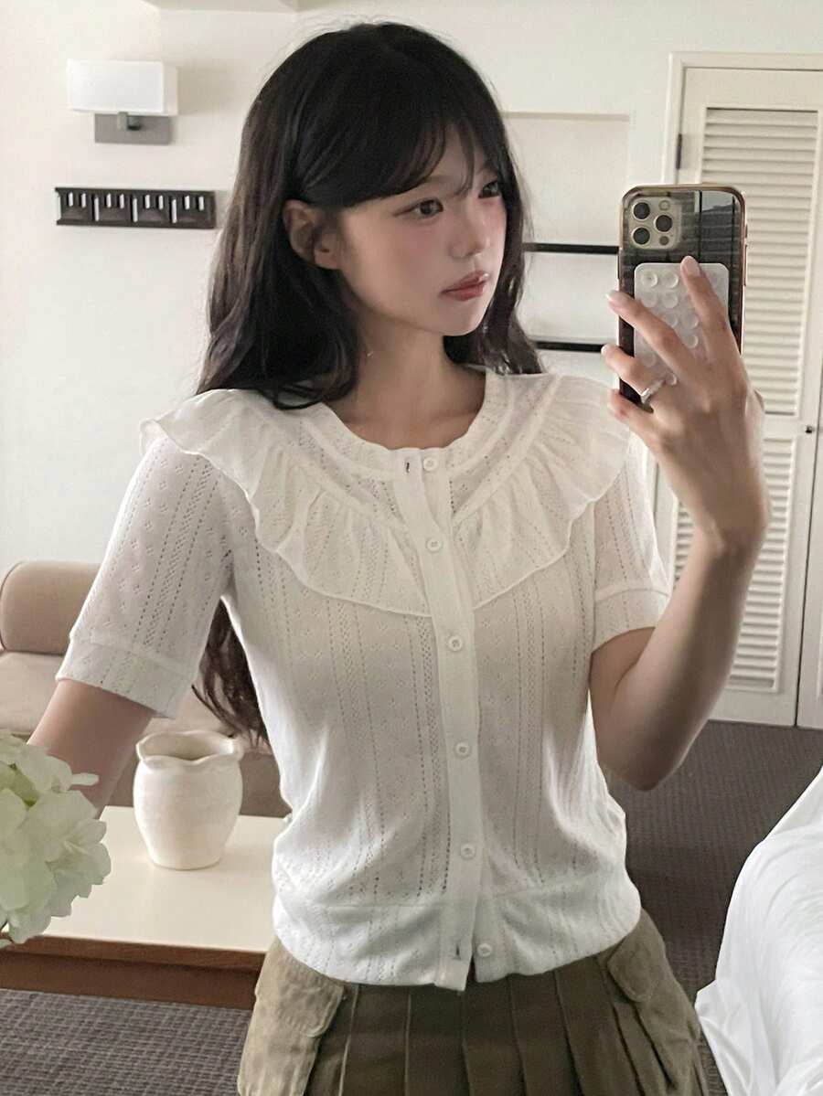 DAZY 女款夏季休閒純色荷葉邊前開扣T恤 - 白色 - 查看 1