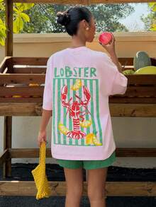 Veykashi 女款休閒度假風粉色夏季字母與龍蝦印花圓領短袖T恤搭配綠色短褲2件套，百搭時尚，適合春夏，大尺碼 - 粉色 - 查看 7