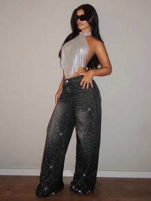Jeanoix Plus Size Women's Fashion Rhinestone Embellished Washed Denim Wide Leg Pants Rave Black Summer - Black - View 5