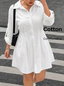 Comfortcana Plus Size Women's White Casual Elegant Single-Breasted Dress Teachers' Day Office Summer - White - View 1