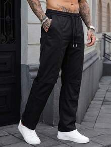 Manfinity CasualCool 男士抽繩腰純色口袋直筒休閒百搭長褲，美國國慶日、度假、禮物 - 黑色 - 查看 6